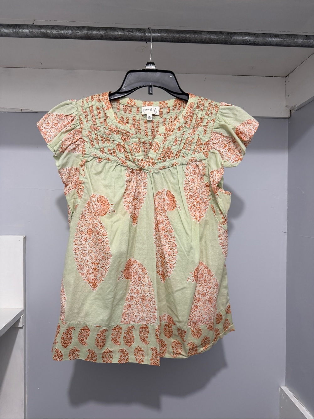 Wonderly Mint Green & Coral Paisley Smocked Cap Sleeve Blouse